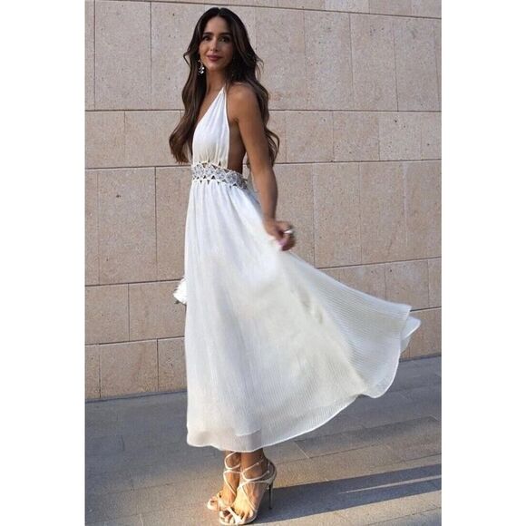 Zara White Gold Halter Maxi Dress Lurex Viscose Lace Waist Size S Limited - Picture 12 of 12